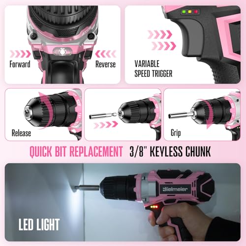 Bielmeier 20V 236Pcs Cordless Pink Drill Set for Women, Home Tool Kit