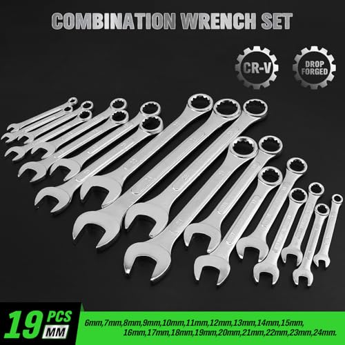 19-Piece Metric Combination Wrench Set, 6-24mm Standard Spanner Wrench Set, Mechanic Tool Sets with Rolling Pouch, Open End Wrenches for Household, Garage, Workshop, Auto Repairs - style: 19pcs Metric Combination