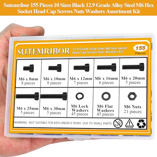 155 Pieces M6 Screws Nuts Washers Set Black, Sutemribor M6 x 8/10/12/16/20/25/30mm Hex Socket Head Cap Screws Nuts Washers Assortment Kit, 12.9 Grade Alloy Steel, Fully Threaded - size: M6 Screws Kit, style: Socket Head