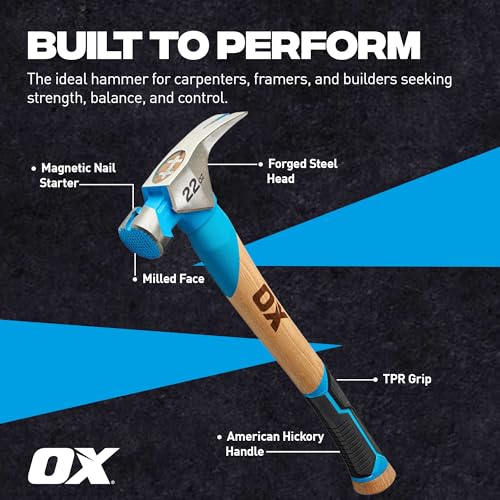 OX Pro Framing Hammer 22 oz MIlled Face with Curved Hickory Wood Handle Hammer wit Rubber Handle Grip - Martillos De Construccion - style: 22-oz Hammer + Grip