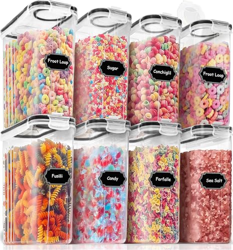 PRAKI Cereal Containers Storage Set (4L,135.2 Oz), 8PCS Airtight Food Storage Containers with Lids for Kitchen & Pantry Organizers and Storage, Cereal Dispensers with 20 labels, Measuring Cup & Marker
