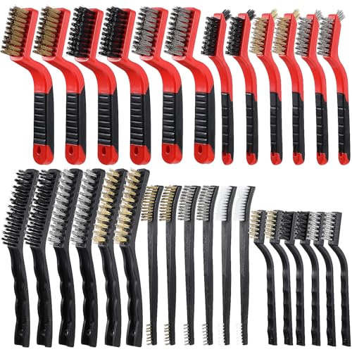30 Pcs Wire Cleaning Brushes Set, Stainless Steel Nylon Brass Wire Brushes, Metal Brush Grip Paint Remover with Curved Handle for Rust Remover and Paint Removal, Drill, Scrub(Red, Black, Silver, Gold)