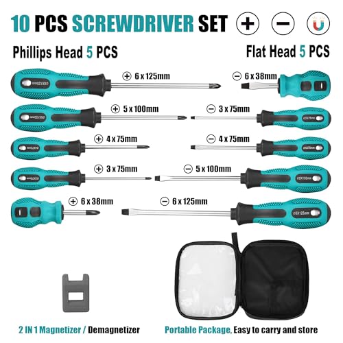 Magnetic Screwdriver Set 10 PCS,5 Phillips and 5 Flat Head Precision Screwdriver,Professional Cushion Grip and Non-Slip for Repair Home Improvement Craft,Green - color: 10pc-green
