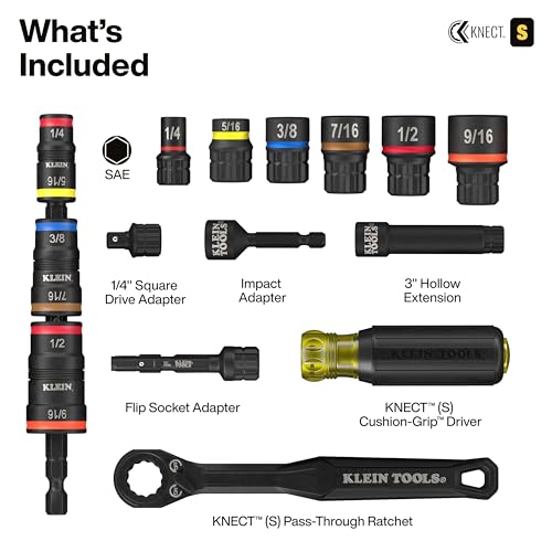Klein Tools 65301KNECT Impact Socket Set, KNECT (S) 23-Piece SAE Pass-Through and Flip Socket Tool Set, Impact Driver Adapter, MODbox Tool Organization