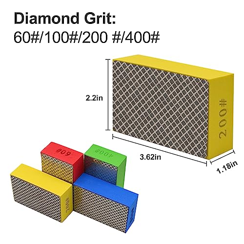 4pcs Diamond Hand Polishing Pads for Ceramic Tile Glass Grinding,Sanding Blocks Polishing 60#,100#,200#,400#
