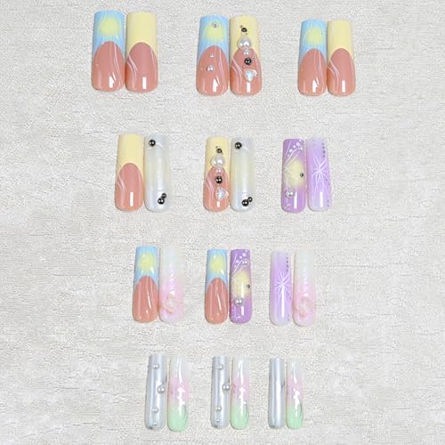 3D Press on Nails Almond - Long French Tip Fake Nails with Embossed Love&White Bead Designs, Glossy Finish Reusable False Nails for Women Manicure(3D Embossed design 16) - color: 3D Embossed design 16