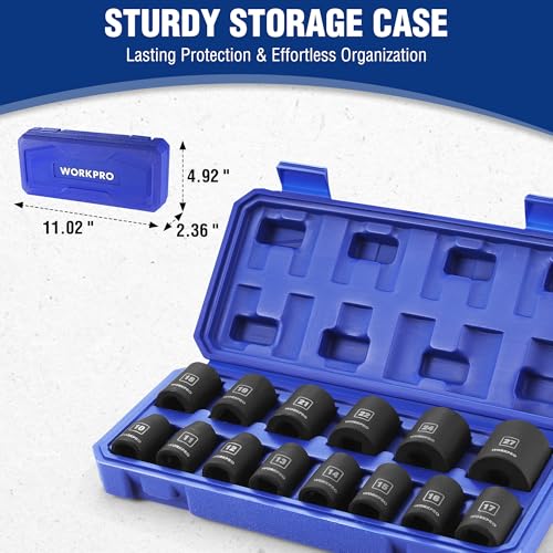 WORKPRO 1/2” Drive Shallow Impact Socket Set, Metric Cr-V Steel 6-Point Socket Set with Storage Case for Automotive Maintenance and Repairs (14PCS 10-27mm) - size: 14 PCS, Metric