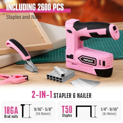 POPULO Pink 4V Cordless Staple Gun, 2-in-1 for Upholstery, Manual Upgrade - color: Pink