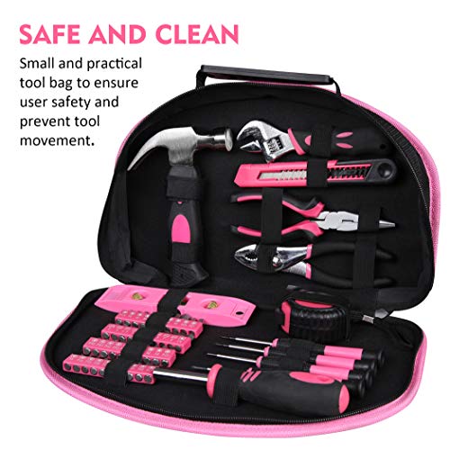CARTMAN 52-Piece Pink Hand Tool Set, Home Repair Kit With Round Carry Pouch