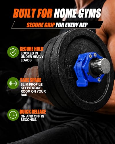 MAXRICH Ultra-Thin 1-Inch Barbell Clamps, Quick Release Weight Clips for 23–30mm Bars, Secure Barbell Collars for Home Gym - color: Blue
