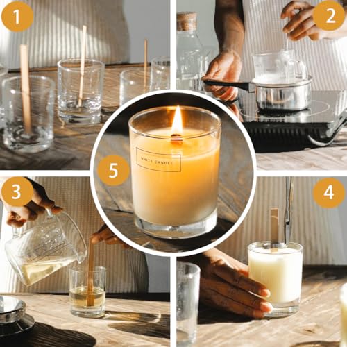 200 Pcs Thicked Wood Candle Wicks for Candle Making, 5.1 X 0.51X 0.06 Inch Upgrade Wood Wicks, Wooden Wicks Box Includes Iron Stander, Glue Dot, and Warning Labels (50 Sets)