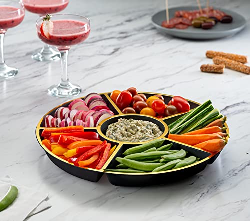 PLASTICPRO 6 Sectional Round Plastic Serving Tray/Platters Black & Gold Pack of 2 - color: Black & Gold