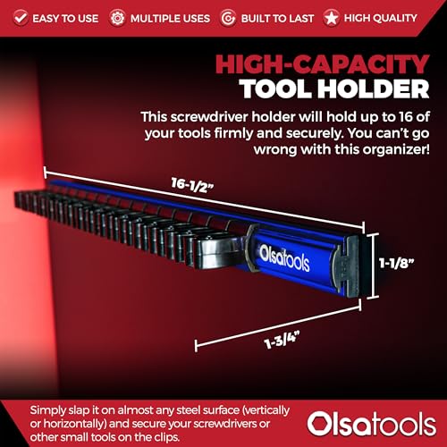 Olsa Tools Magnetic Screwdriver Organizer, Blue, Holds 16 Screwdrivers - color: Blue Organizer / Black Clips