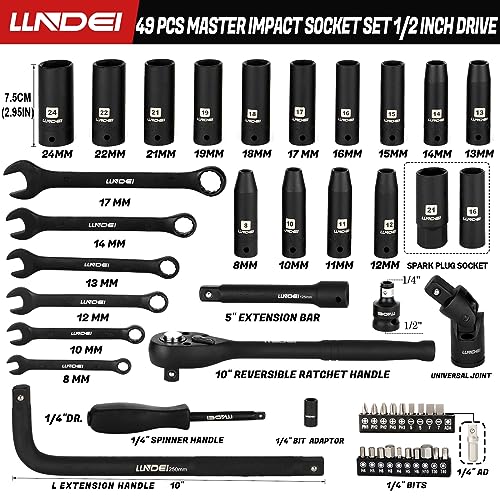 1/2" Impact Socket Wrench Set: 49Pcs Tool Wrench Set, CR-V, Metric - size: 49-Piece 1/2" Drive Socket Set