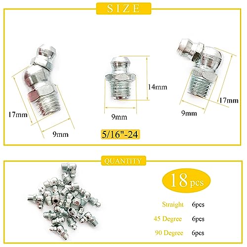 5/16"-24 18Pcs Grease Fitting Assortment Straight 45 90 Degree Grease Zerk Fittings, Galvanized Steel Grease Fittings and grease gun tips for Industrial/Agricultural Machinery Cars Ships ets - size: 5/16"-24 18Pcs