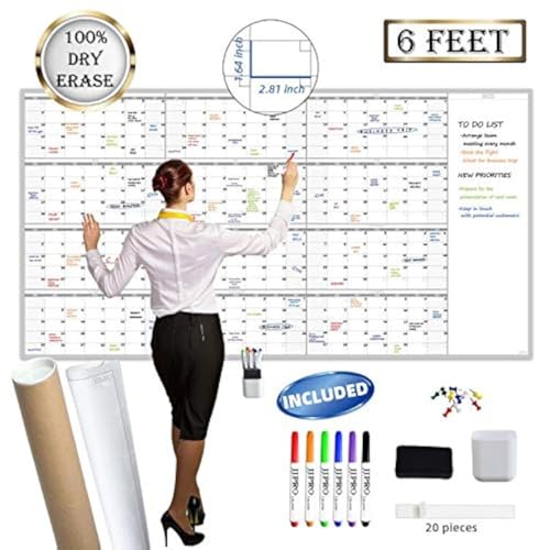 Large Reusable Dry Erase Yearly Wall Calendar - Jumbo Premium Laminated 12 month Task Organizer - 38"x72" Undated Annual Planner for Home, Office, School Projects - size: 72"x38"Yearly