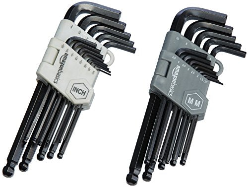Amazon Basics Hex Key Allen Wrench, Long Arm, Ball End, Metric and Standard Sizes, Chrome Vanadium Steel, 26-Piece with Storage Case