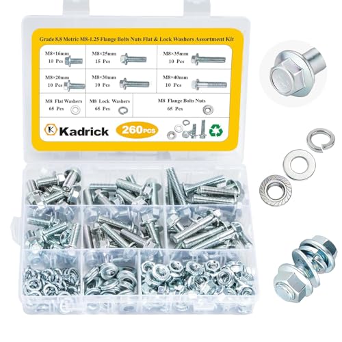 260Pcs Flange Hex Bolts and Nuts Kit,M8 x1.25 (M6 x1.0 M10-1.25 Available) (16mm to 40mm) Metric Bolt Assortment,Alloy Steel Class 8.8 Zinc Plated - size: 260Pcs M8 FLANGE HEX Zinc
