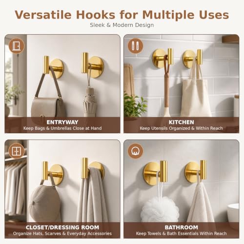 Gold Stainless Steel Wall Hooks, Heavy Duty Self-Adhesive Hooks for Coats, Towels, Robes, Hats, Aprons – No Drill Bathroom, Kitchen, Hotel (4 Pack) - color: Gold, size: Adhesive "T" Shape- 4 Pack