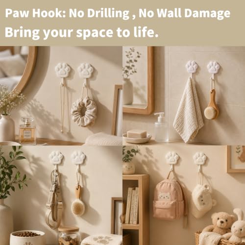Cute Paw Self Adhesive Wall Hooks, Decorative Hooks for Walls No Damage 4lb | Small White Stick on Hooks for Keys, Dog Leashes, Towels and Bags, Ideal for Bathrooms, Kitchens, Entryways, Closets and RVs