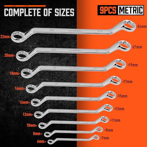 HORUSDY 9-Pieces Metric Offset Box Wrench Set with Rolling Pouch, 50-Degree, Metric 6-24mm, CR-V Steel - style: 9pcs Metric Offset Box Wrench Set