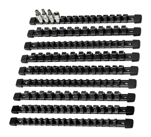 AMM 9-Piece Socket Organizer, 1/2 inch, 3/8 inch and 1/4 inch Drive ABS Tools-Black Socket Holder,Heavy Duty Socket Racks, Premium Quality Socket Clip Rail Holder,The best tool trays in the garage - color: BLACK, size: 9PC