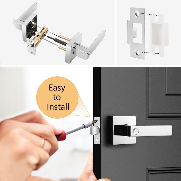 Probrico Polished Chrome Privacy Door Levers Heavy Duty Lockset for Interior Bedroom/Bathroom, Flat Square Universal Handing Handlesets/Leversets, 6 Pack - color: Polished Chrome