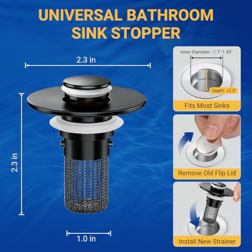 Bathroom Sink Drain Strainer, Pop-Up Bathroom Sink Stopper with Removable Stainless Steel Hair Catcher Basket, Universal Fit for US Bathroom Sinks, Showers & Floor Drains (1pcs-Black) - color: 1pcs-black