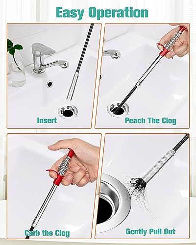 Oanie 7 Pack 25inch Drain Clog Remover Tool, Cleaner Hair Clog Remover(6pcs), Cleaner Sticks to Drain Hair Clog for Remover(1pcs), Sink Snake for Shower Kitchen Sink Bath Tub Bathroom(6+1)
