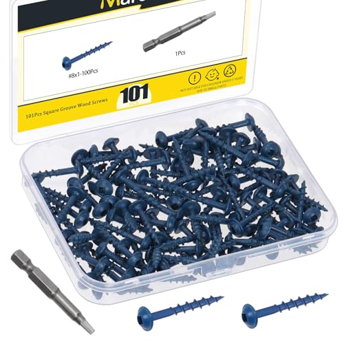 100Pcs Pocket Hole Screws, #8 x 1 Anti-Rust Blue Coated Exterior Wood Screws, Coarse Thread Washer Head Square Drive, 50MM Drive Bit Included - size: #8 x 1"