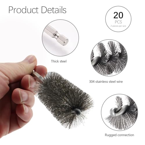 20Pcs Wire Bore Brush for Drill Set 1/4" Hex Shank Stainless Steel Wire Brush (8/10/13/15/17/19/22/25/28/30mm) Each 2 Drill Brushes Attachments for Rust Paint Removal Grinding Sanding Polishing