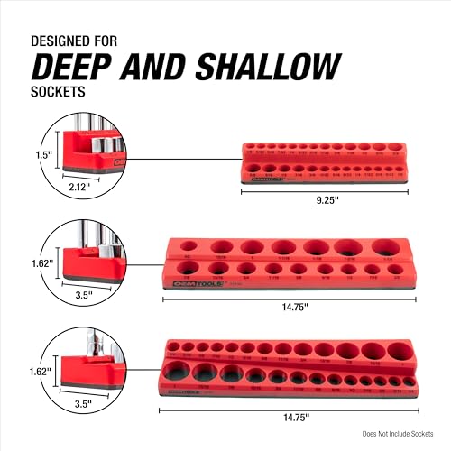 OEMTOOLS 22484 3-Pc Magnetic Socket Organizer for 68 SAE Sockets | SAE Magnetic Socket Holder, Non-Marring Rubberized Base Socket Holders, Holds 1/4, 3/8, 1/2 Inch Sizes, Clearly Marked Sizes - style: 3Pc Red