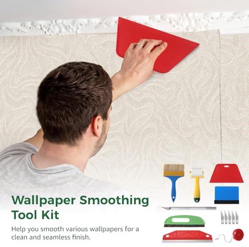 Wallpaper Smoothing Tool Kit, 13 Pcs Smoother Tools with Squeegee, Wallpaper Brush, Seam Roller, Measure Tape, Vinyl Cutter, Craft Cutter with 5 Replacement Blades for Contact Paper, Glass Film