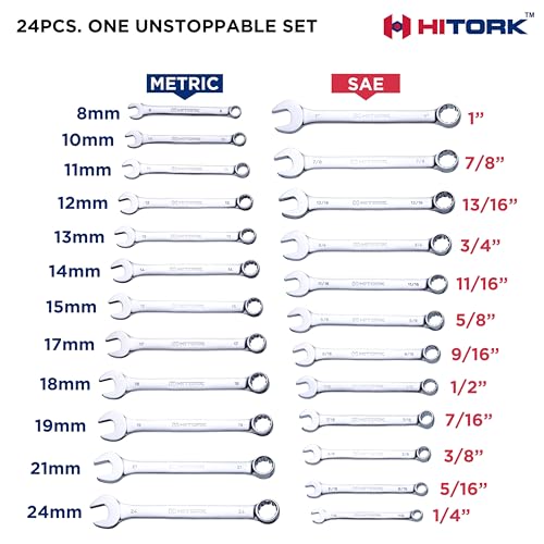 Hitork 24-Piece Combination Wrench Set, SAE (1/4"–1") & Metric (8–24mm), Cr-V Steel, Mirror Chrome Finish, 12-Point Box End, 15° Offset, with Roll Pouch – Ideal for Home, Garage & Auto Repair - style: 24 Piece Set SAE & Metric