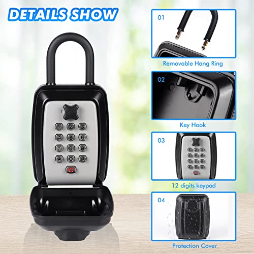 Key Lock Box, Large Capacity Key Storage Box with Hanging Ring, 12-Digit Keyboard Combination, Resettable Code, Waterproof Security Lock Box for Home, Office, Outdoor - style: with Hang Ring
