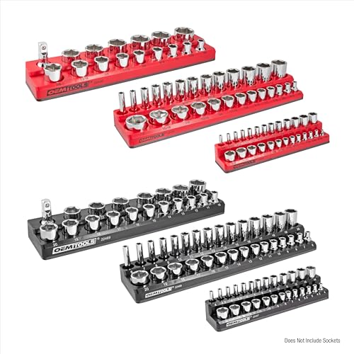 OEMTOOLS 22460 6-Pc Metric & SAE Magnetic Socket Tray Set Holds 143 Sockets | Magnetic Socket Organizer Tray, Non-Marring Rubberized Base, Clearly Marked Sizes, 1/4, 3/8, 1/2 Inch Sockets - style: 6Pc Red & Black