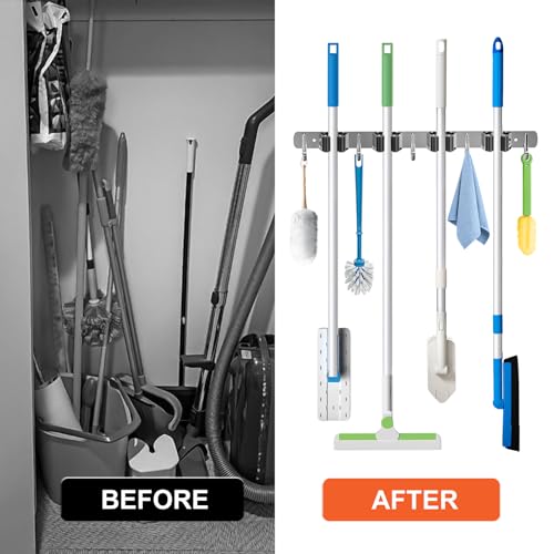 ZONGOOL 2 Pack Mop Broom Holder Wall Mount 4 Racks 5 Hooks Storage Silver - color: Silver, size: 2Pack 4R5H