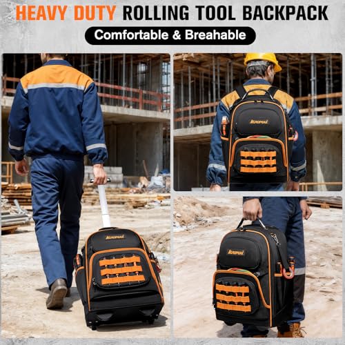 AUROPEAK Rolling Tool Backpack, 47 Pocket Heavy Duty Tool Bag with Wheels - size: 1.57" Wheel