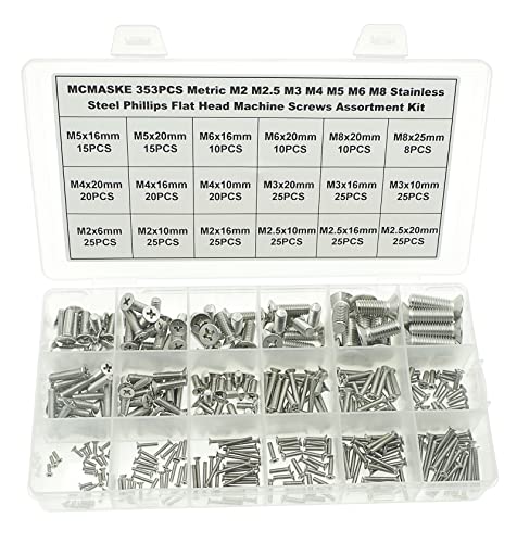353PCS Metric M2 M2.5 M3 M4 M5 M6 M8 304 Stainless Steel Phillips Flat Head Machine Screws Assortment Kit