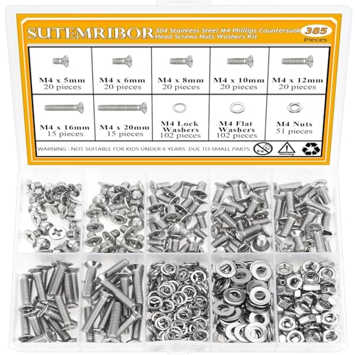 385 Pieces M4 Machine Screws Nuts Washers Set, Sutemribor M4 x 5/6/8/10/12/16/20mm Phillips Countersunk Head Machine Screws Nuts Washers Assortment Kit, 304 Stainless Steel, Fully Threaded - size: M4, style: Phillips Countersunk Head