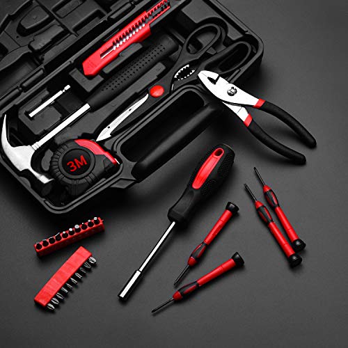 39-Piece Household Tools Kit - Small Basic Home Tool Set with Plastic Toolbox - Great for College Students, Household Use & More - color: Red
