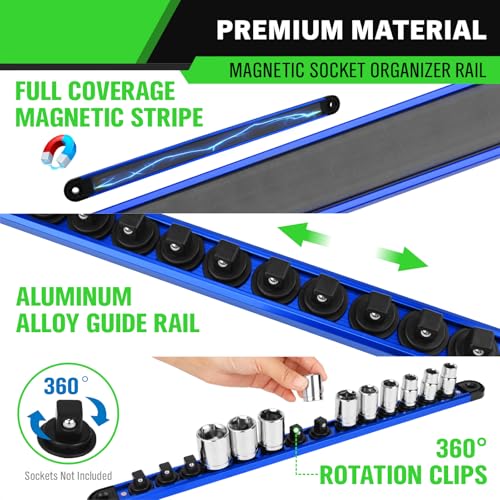 3/8-Inch Magnetic Socket Organizer Rail, Aluminum Alloy Socket Rail, Heavy Duty Sockets Holder with 14 Clips, 360° Swivel Clip Tool Tray, Sockets Organizer for Tool Box Drawer (Blue) - style: Blue 3/8-inch