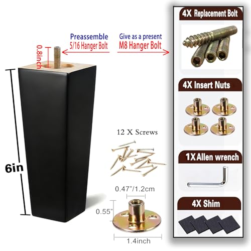 SHANJUE Black Sofa Legs-Furniture Legs 6 inch,Square Couch Legs Pack of 4- Wood Furniture feet,Sofa Replacement Parts,for Dresser, Sideboard, Recliner, Coffee Table - size: 6 inch