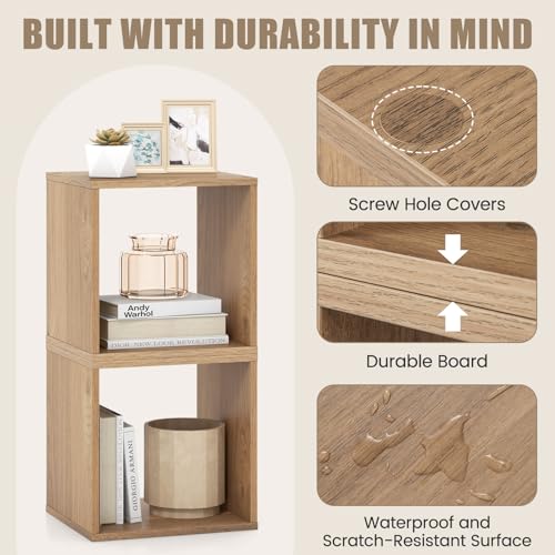 2 Stackable Cubes Bookcase, Wooden Cubby Storage Organizer - color: Natural