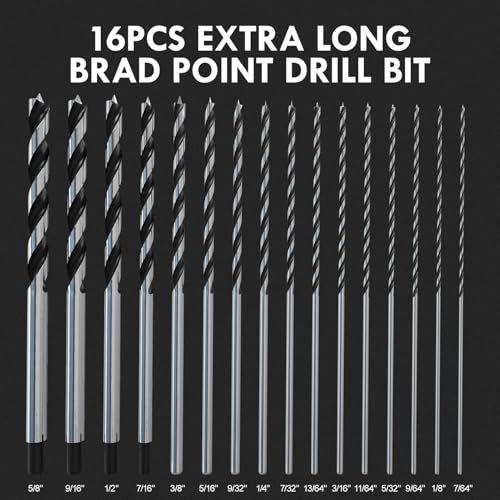 16Pcs(7/64" - 5/8") 12 Inch Extra Long Brad Point Wood Drill Bit - size: Extra Long (7/64"-5/8") - 16pcs