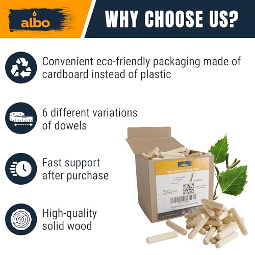 ALBO Wooden Dowel Pins 1/2 x 2 inch Fluted Wood Dowels Rods 100 Pack Hardwood Crafts Dowel Pegs - size: 1/2"x2"-100Psc