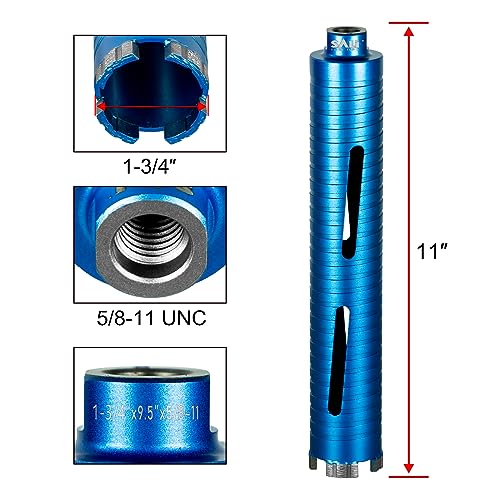 SALI Diamond Core Drill Bits 1 3/4" Diameter 10"/254mm Drilling Depth 5/8-11" Thread Core Bit Turbo Laser-Welded Segments for Cured Concrete with, Brick, Block, Masonry, with Two Adapters - size: 1 3/4 inch