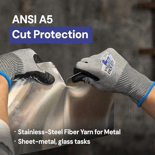 DEX FIT SSG513 Stainless Steel Cut Resistant Gloves, ANSI A5, Durable Non-Slip Nitrile Grip, Touchscreen, Comfort Stretchy Fit, Thin & Breathable, Machine Washable; Gray S (7), 1 Pair - color: A5 Gray Lite, size: Small (1 Pair)