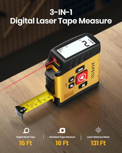ACPOTEL Digital Laser Tape Measure, 131ft Laser & 16ft Tape | Real-Time Display, 6 Units, Distance/Area/Volume/Midpoint, 20-Value Memory, Rechargeable, Measuring Tape for Pro & DIY Use - color: Warm Yellow