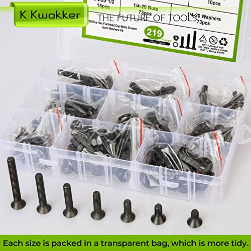 1/4 20 Bolt and Nuts, with Washers for Screws, Hex Socket Flat Head 7 Sizes are 2", 1-1/2", 1-1/4", 1", 3/4", 5/8", 1/2", 10.9 Grade Alloy Steel, Black, Full Machine UNC Thread - size: B. 1/4-20